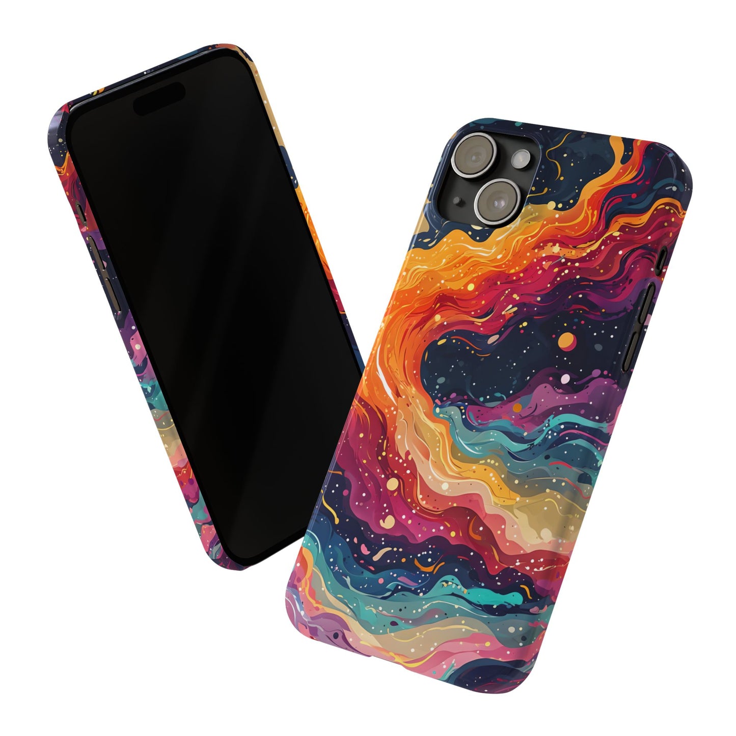 A night sky explodes with color on this cosmic phone case. Featuring a psychedelic swirl of nebula-like motion in vivid hues, it's a protective case and art piece all in one — perfect for bold tech style.