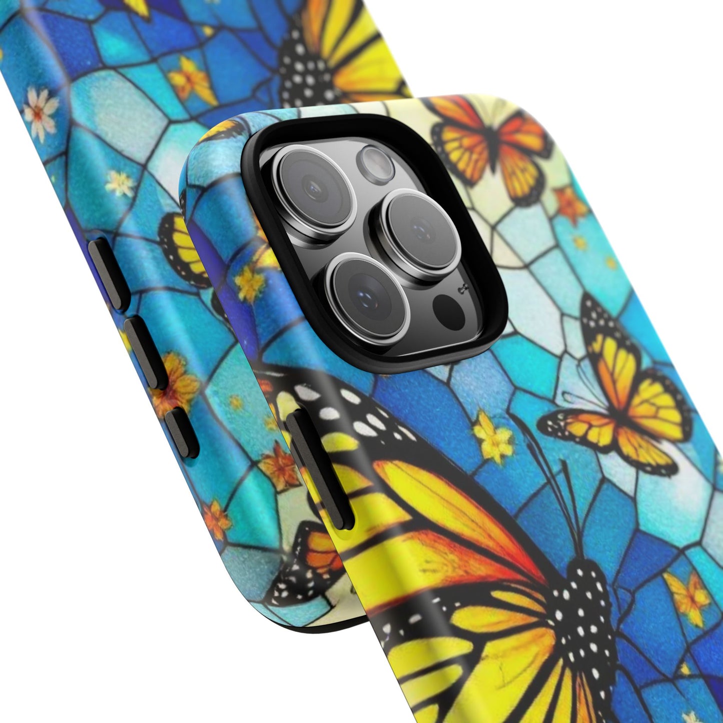 Boho Butterfly Phone Case compatible with iPhone 16 15 14 13 12 11 Pro Max Samsung Pixel Vibrant Blue Stained Glass Monarch Art Gift for Her