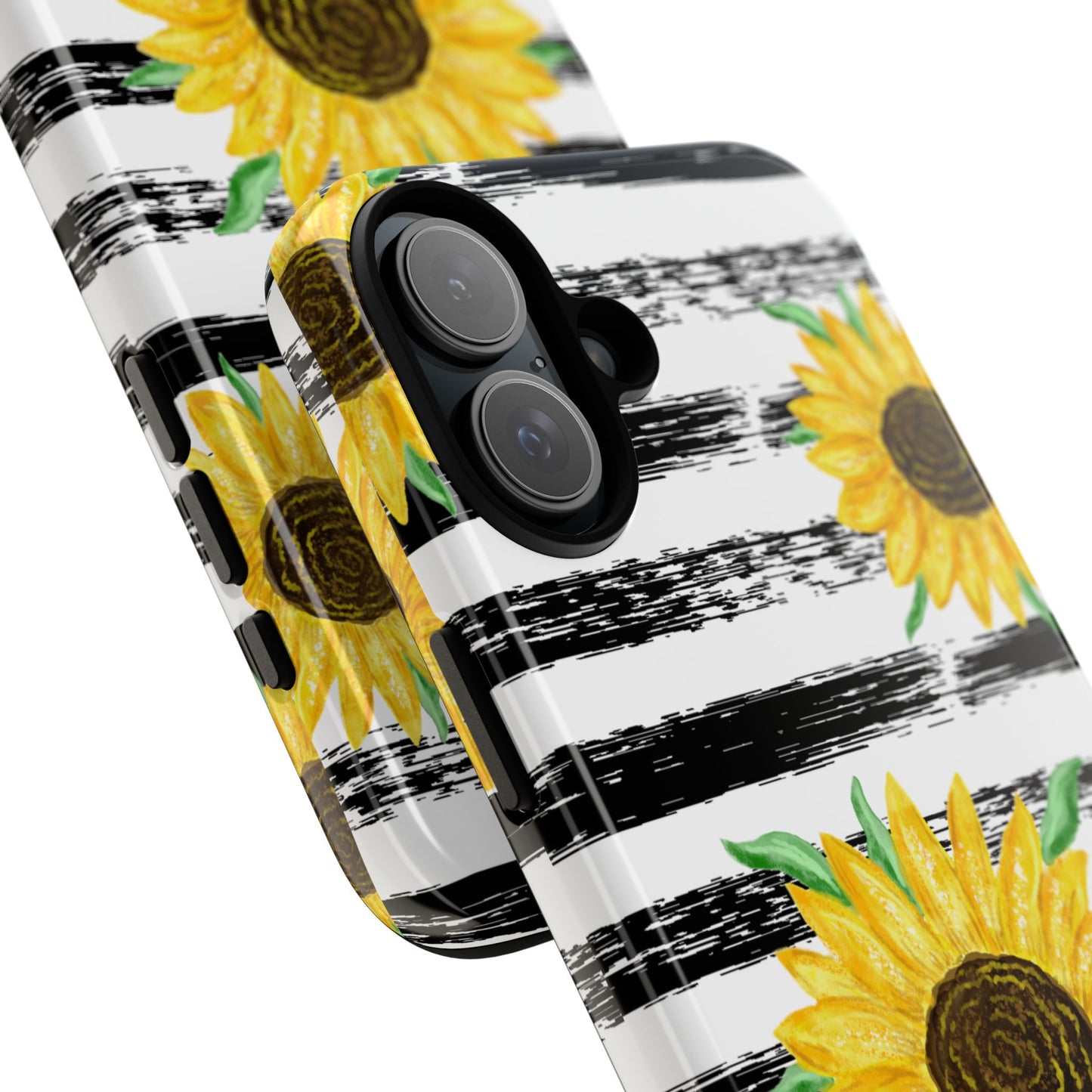 Sunflower Tough Phone Case - Bright Yellow Floral Art, Black and White Striped Aesthetic, Compatible with iPhone, Galaxy, and Google Phones