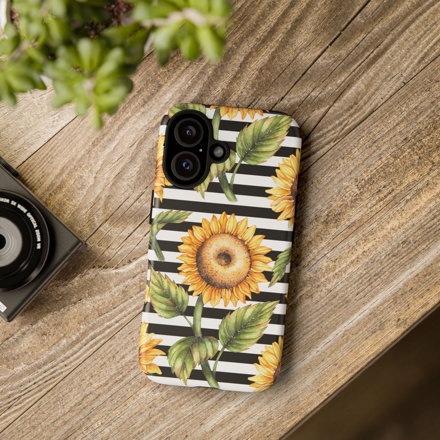 Sunflower Tough Phone Case - Bold Yellow Floral Art, Black and White Striped Aesthetic, Compatible with iPhone, Galaxy, and Google Phones