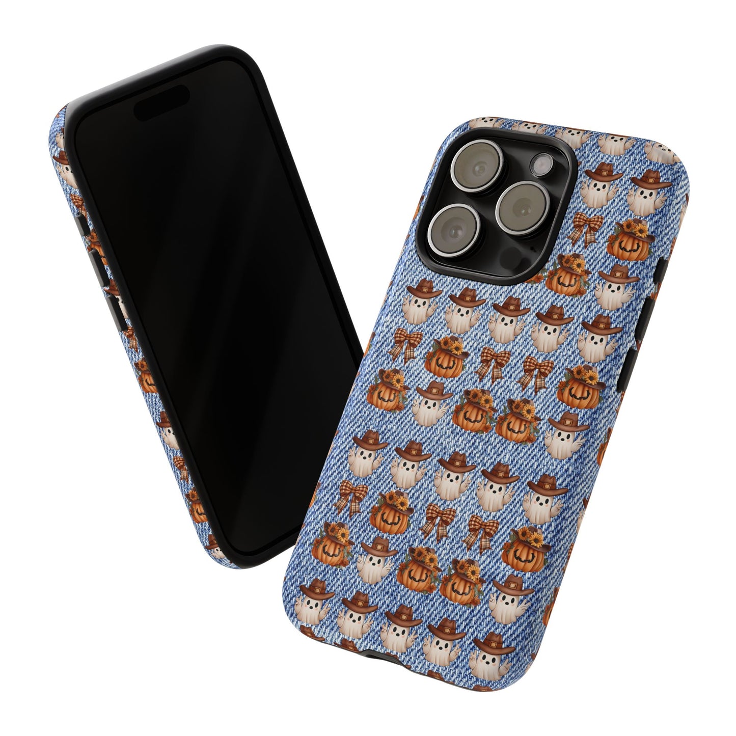 Cowboy Ghost Phone Case, Pumpkin Patch Halloween Phone Cover, Cute Fall Denim Print Case, Country Western Spooky Accessory, Autumn Goth Gift