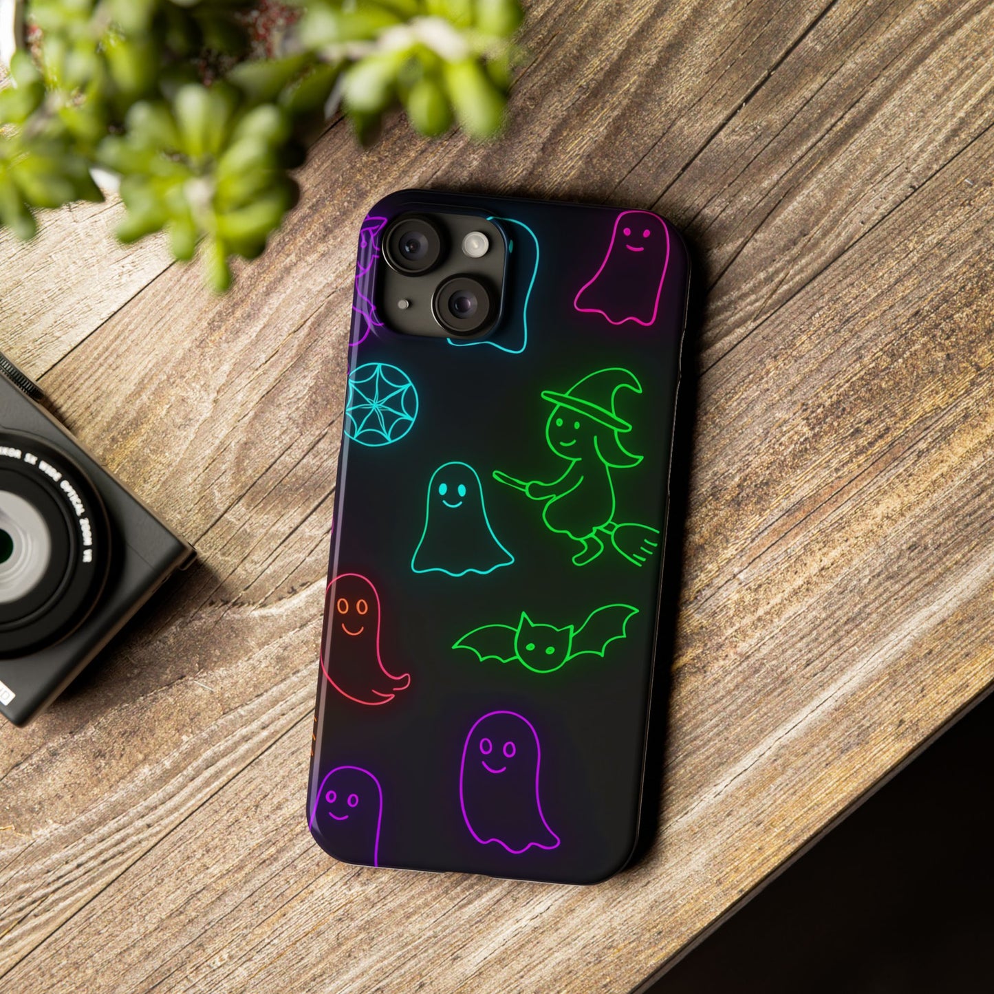 Neon Halloween Phone Case, Cute Ghost Witch Aesthetic Slim Phone Case, Compatible with iPhone, Galaxy, Google