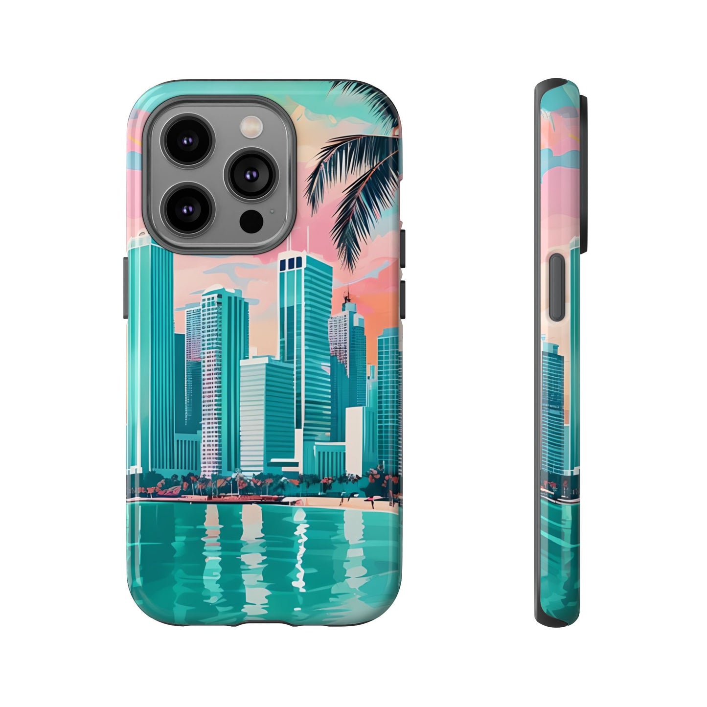 Miami Cityscape Phone Case - Tropical Skyline Tough Case, Sunset Beach Urban Art, Gift for Travelers Compatible with iPhone, Galaxy, Google