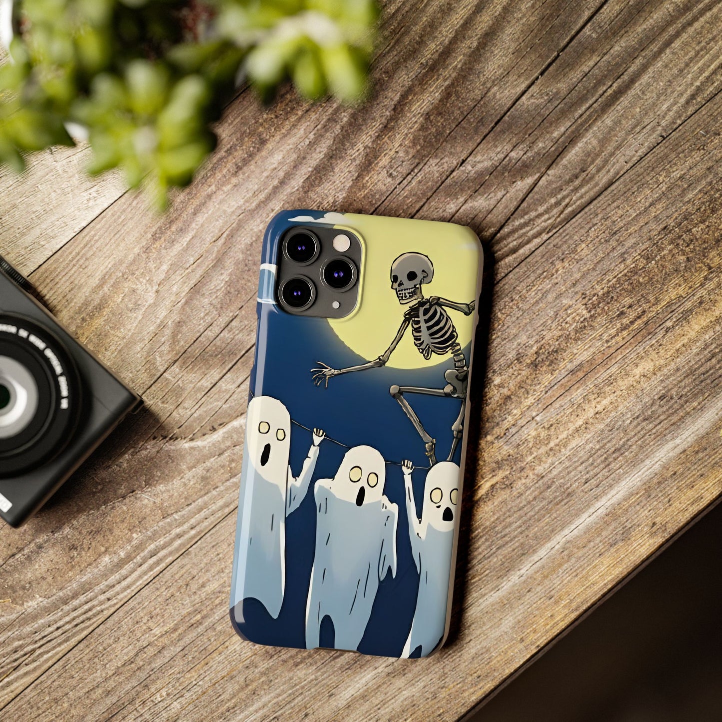 Jumping Skeleton Slim Phone Case - Halloween Aesthetic, Creepy Cute Ghost Cartoon Style, Compatible with iPhone, Galaxy, and Google Phones