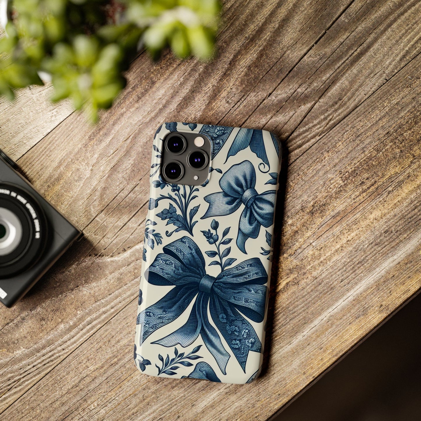 Elegant Floral Bow Slim Phone Case, Blue Flower Phone Cover, Gift for Her, Stylish Tech Accessory, Wedding Gift, Floral Design