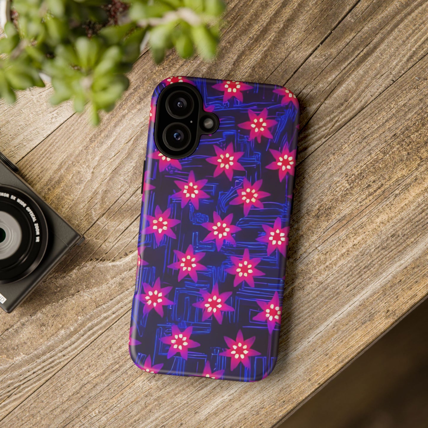 Neon Flower Tough Phone Case - Trippy Dark Floral Art, Electric Glow Aesthetic, Compatible with iPhone, Galaxy, and Google Phones