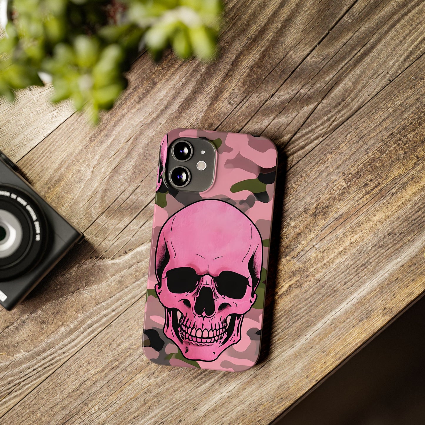 Pink Camo Skull Phone Case, Slim Case for iPhone, Edgy Phone Accessory, Unique Gift for Her, Trendy Tech Lover