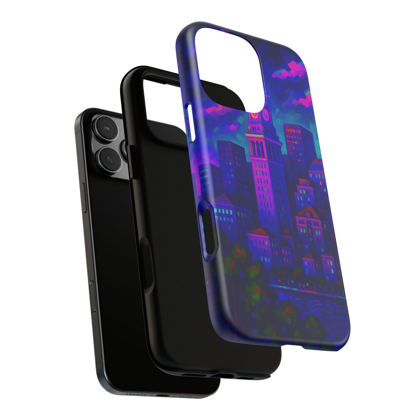 Boston Cityscape Tough Phone Case, Neon Night Skyline, Sunset Tower View Watercolor Urban Art, Compatible with iPhone, Galaxy, Google Phones