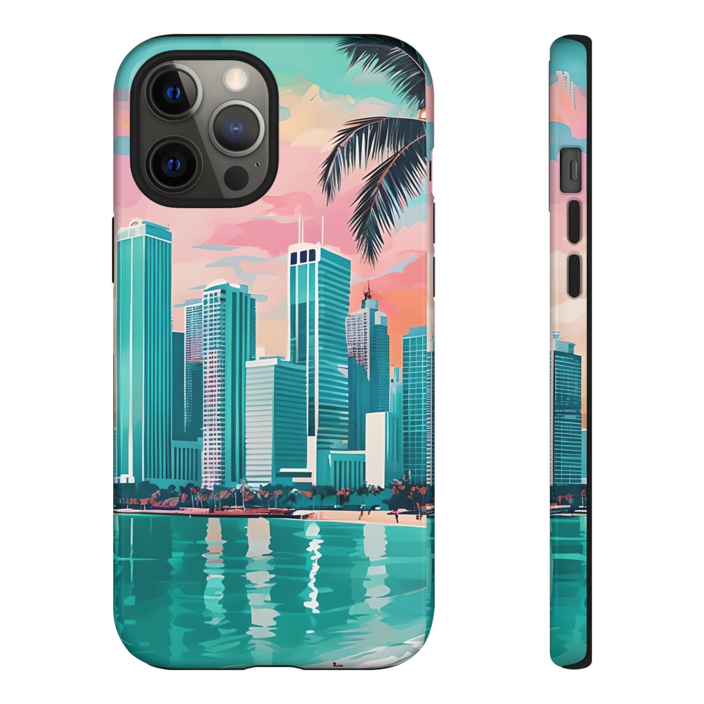 Miami Cityscape Phone Case - Tropical Skyline Tough Case, Sunset Beach Urban Art, Gift for Travelers Compatible with iPhone, Galaxy, Google