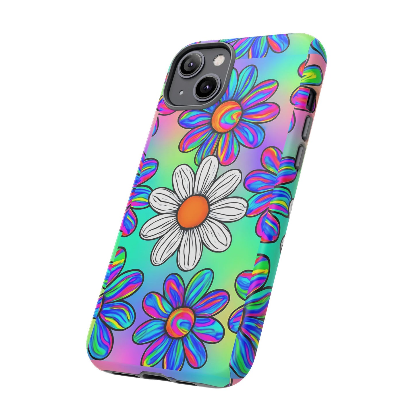 Trippy Daisy Tough Phone Case - Psychedelic Floral Design, Colorful Retro Aesthetic, Compatible with iPhone, Galaxy, and Google Phones