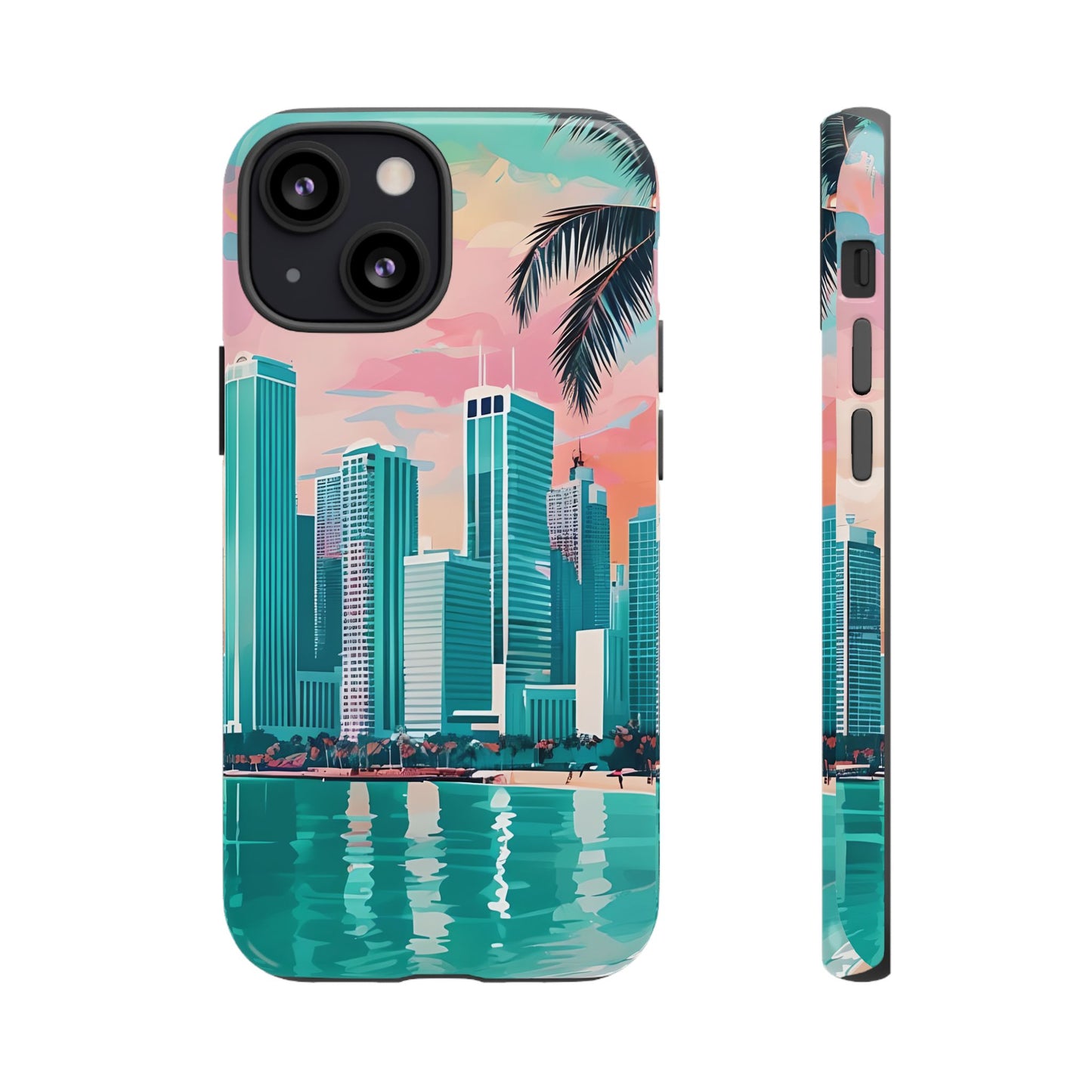 Miami Cityscape Phone Case - Tropical Skyline Tough Case, Sunset Beach Urban Art, Gift for Travelers Compatible with iPhone, Galaxy, Google