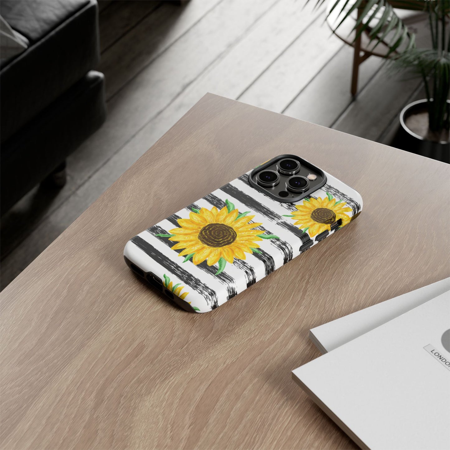 Sunflower Tough Phone Case - Bright Yellow Floral Art, Black and White Striped Aesthetic, Compatible with iPhone, Galaxy, and Google Phones