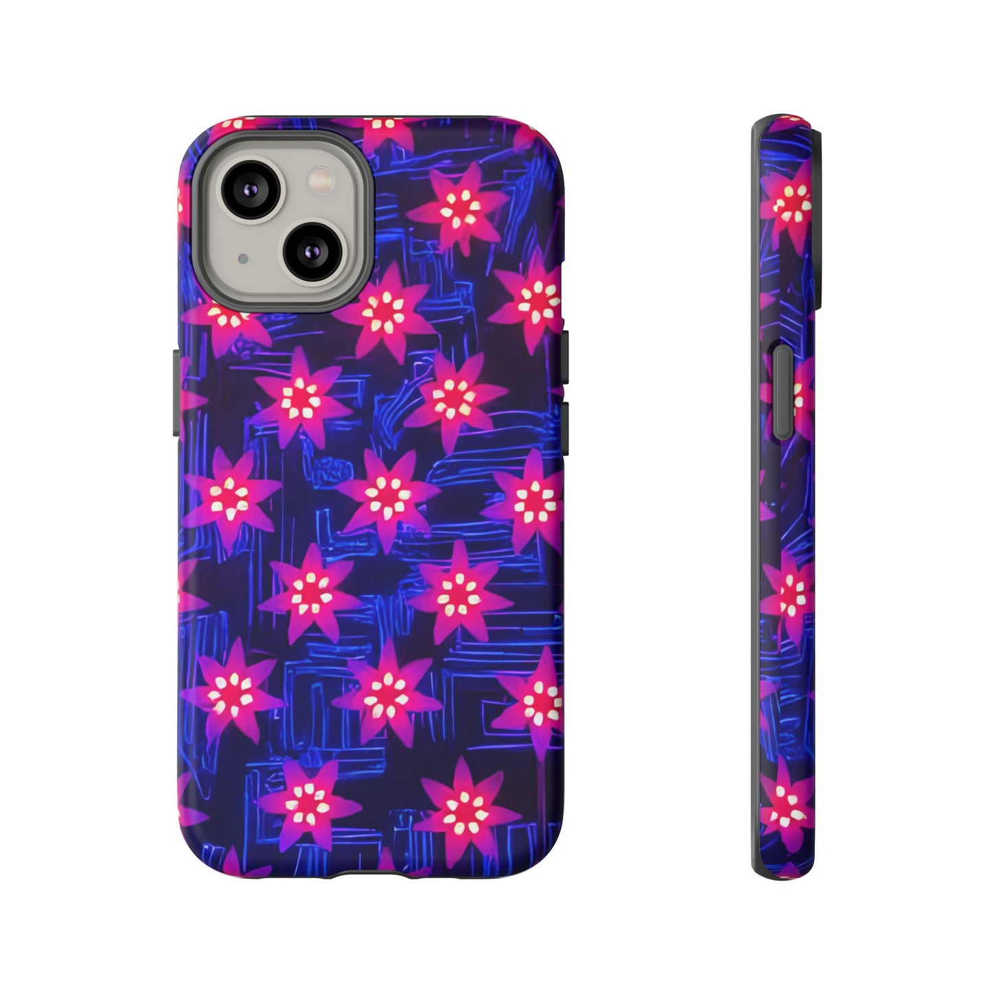 Neon Flower Tough Phone Case - Trippy Dark Floral Art, Electric Glow Aesthetic, Compatible with iPhone, Galaxy, and Google Phones
