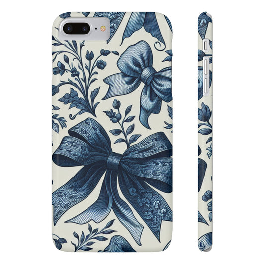Elegant Floral Bow Slim Phone Case, Blue Flower Phone Cover, Gift for Her, Stylish Tech Accessory, Wedding Gift, Floral Design