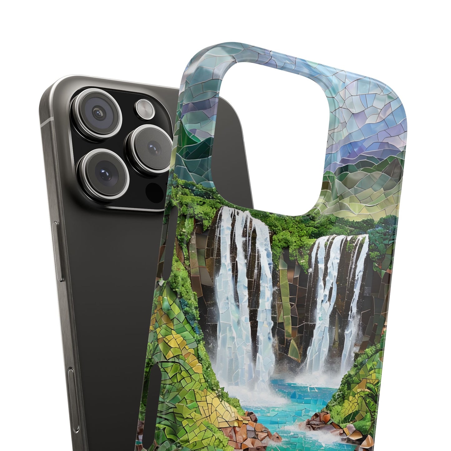 Lush Maui landscape phone case showing mosaic artwork of a tall waterfall, emerald foliage, and warm island tones, great for buyers searching for tropical nature accessories.