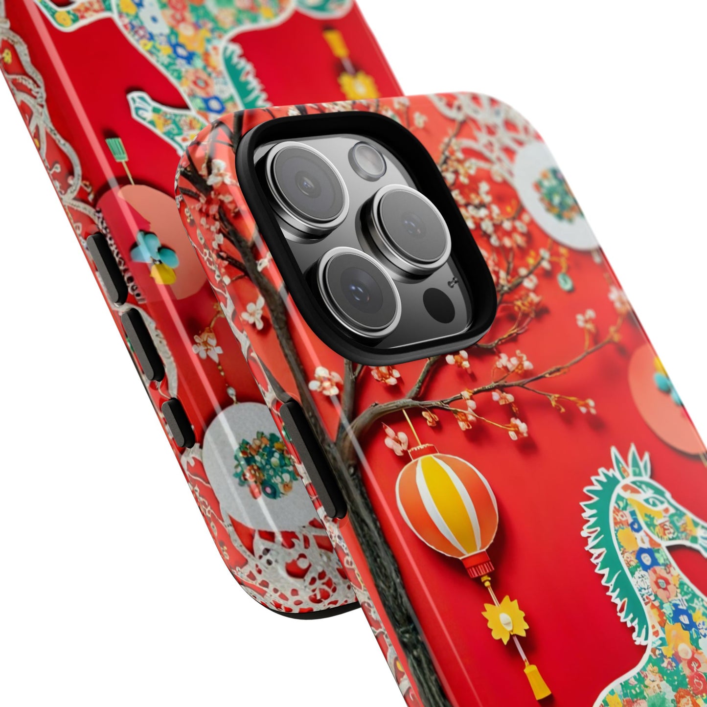 Year of the Horse Floral Art Tough Phone Case, Chinese Zodiac 2026 Design, compatible with iPhone 17 16 15 14 13 Galaxy Google