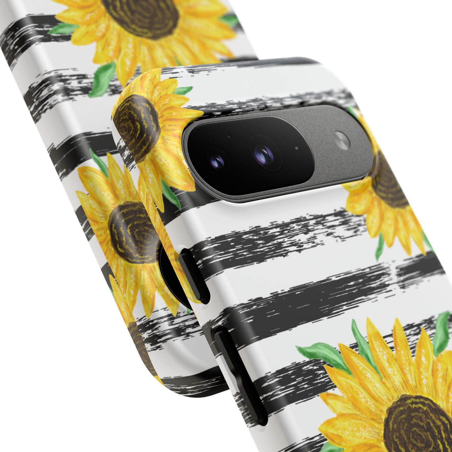 Sunflower Tough Phone Case - Bright Yellow Floral Art, Black and White Striped Aesthetic, Compatible with iPhone, Galaxy, and Google Phones