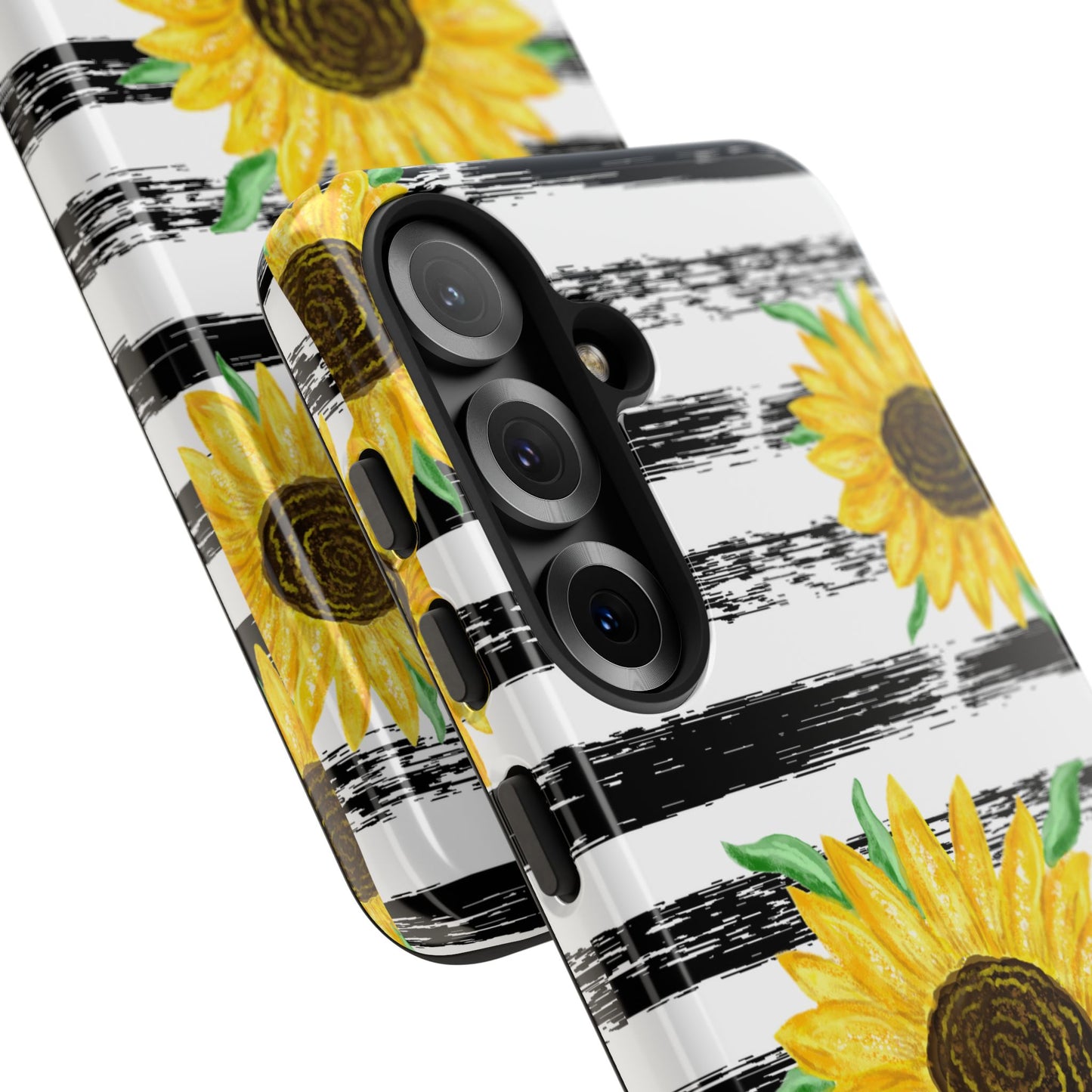 Sunflower Tough Phone Case - Bright Yellow Floral Art, Black and White Striped Aesthetic, Compatible with iPhone, Galaxy, and Google Phones