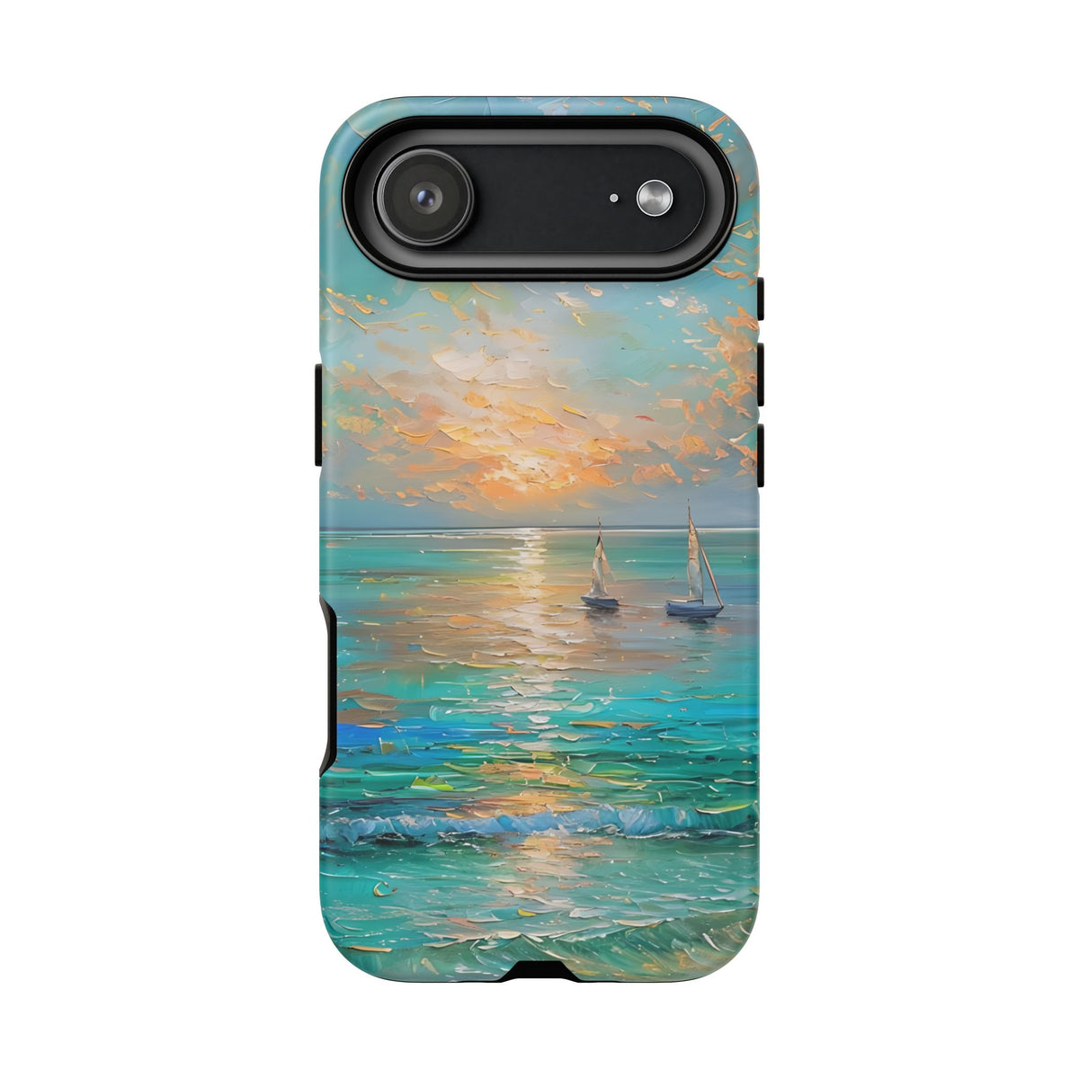 Sailboat Ocean Scenery Tough Phone Case, Oil Painting Phone Cover, Sunset Sailing Compatible with iPhone 17, 16, 15, 14, 13, Galaxy, Google