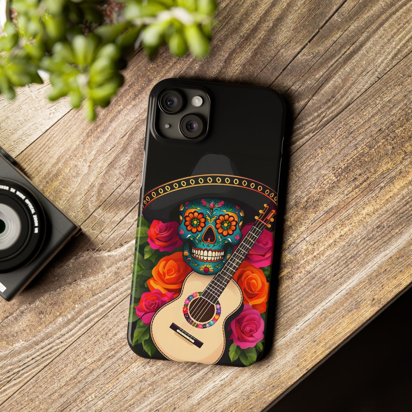 Mariachi Skull Slim Phone Case, Colorful Folk Aesthetic, Halloween Floral Skull Design, Gift for Mexican Culture Lovers