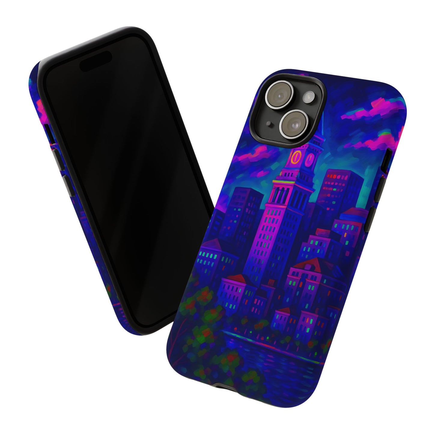 Boston Cityscape Tough Phone Case, Neon Night Skyline, Sunset Tower View Watercolor Urban Art, Compatible with iPhone, Galaxy, Google Phones