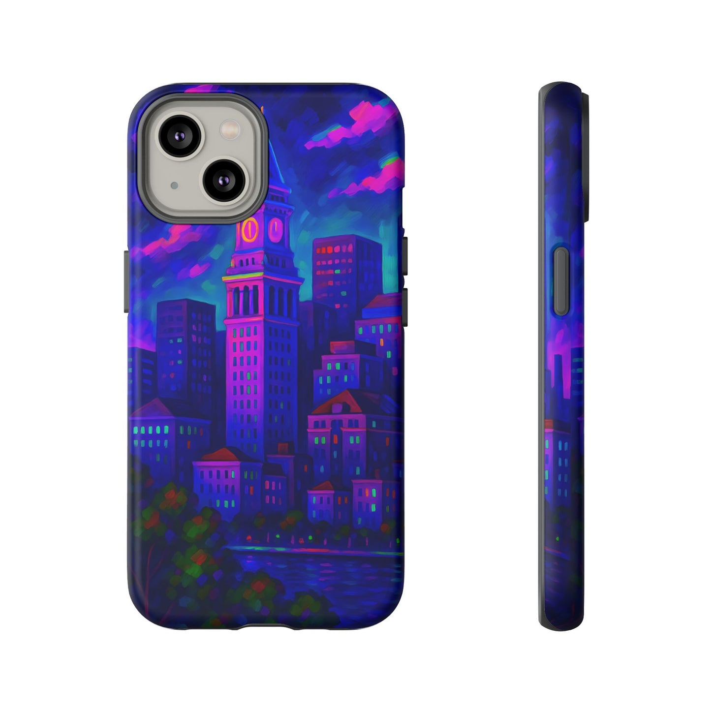 Boston Cityscape Tough Phone Case, Neon Night Skyline, Sunset Tower View Watercolor Urban Art, Compatible with iPhone, Galaxy, Google Phones