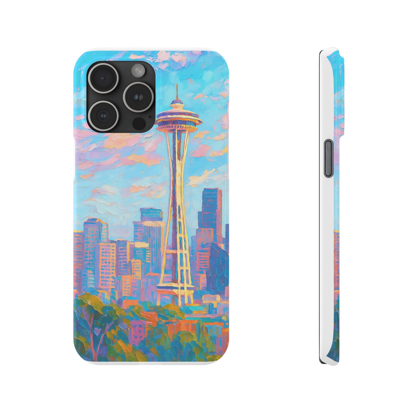 Seattle Cityscape Slim Phone Case, Watercolor Day Skyline Art, Urban Travel Aesthetic Compatible with iPhone 17 and Other iPhone models