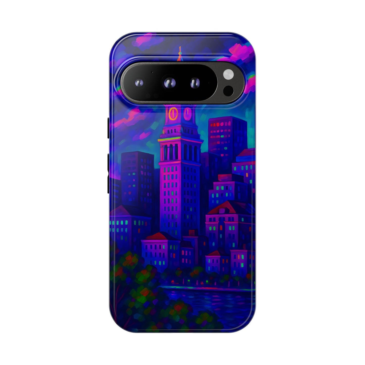 Boston Cityscape Tough Phone Case, Neon Night Skyline, Sunset Tower View Watercolor Urban Art, Compatible with iPhone, Galaxy, Google Phones