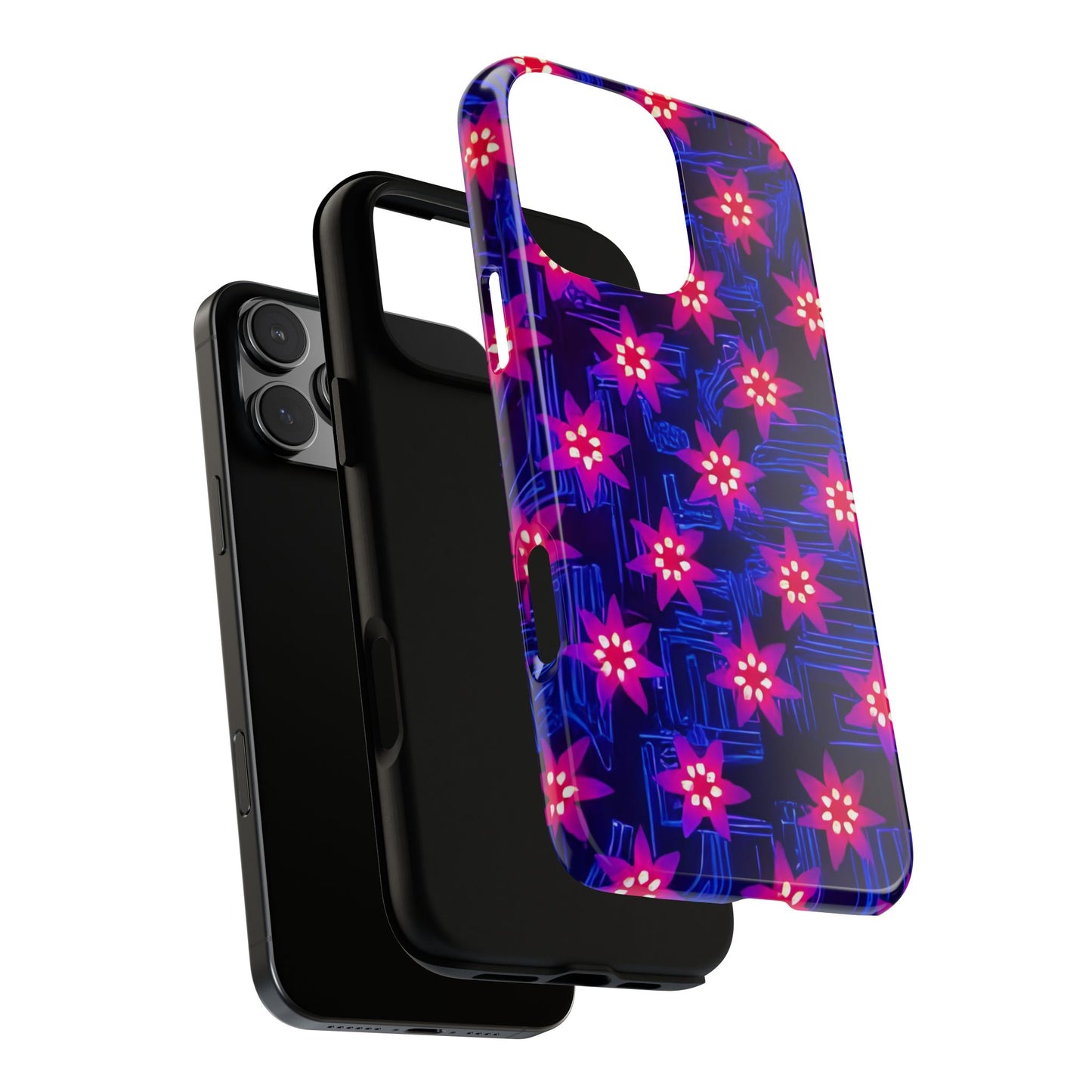 Neon Flower Tough Phone Case - Trippy Dark Floral Art, Electric Glow Aesthetic, Compatible with iPhone, Galaxy, and Google Phones