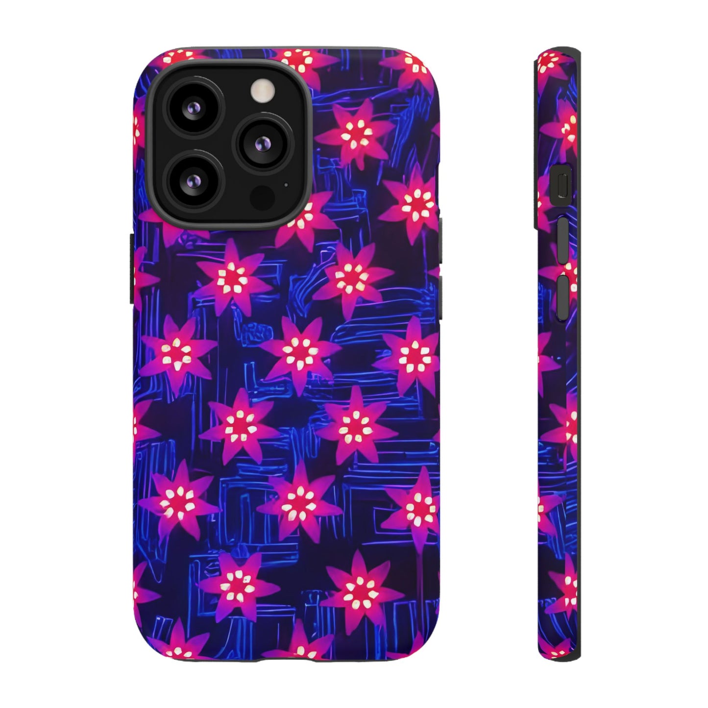 Neon Flower Tough Phone Case - Trippy Dark Floral Art, Electric Glow Aesthetic, Compatible with iPhone, Galaxy, and Google Phones