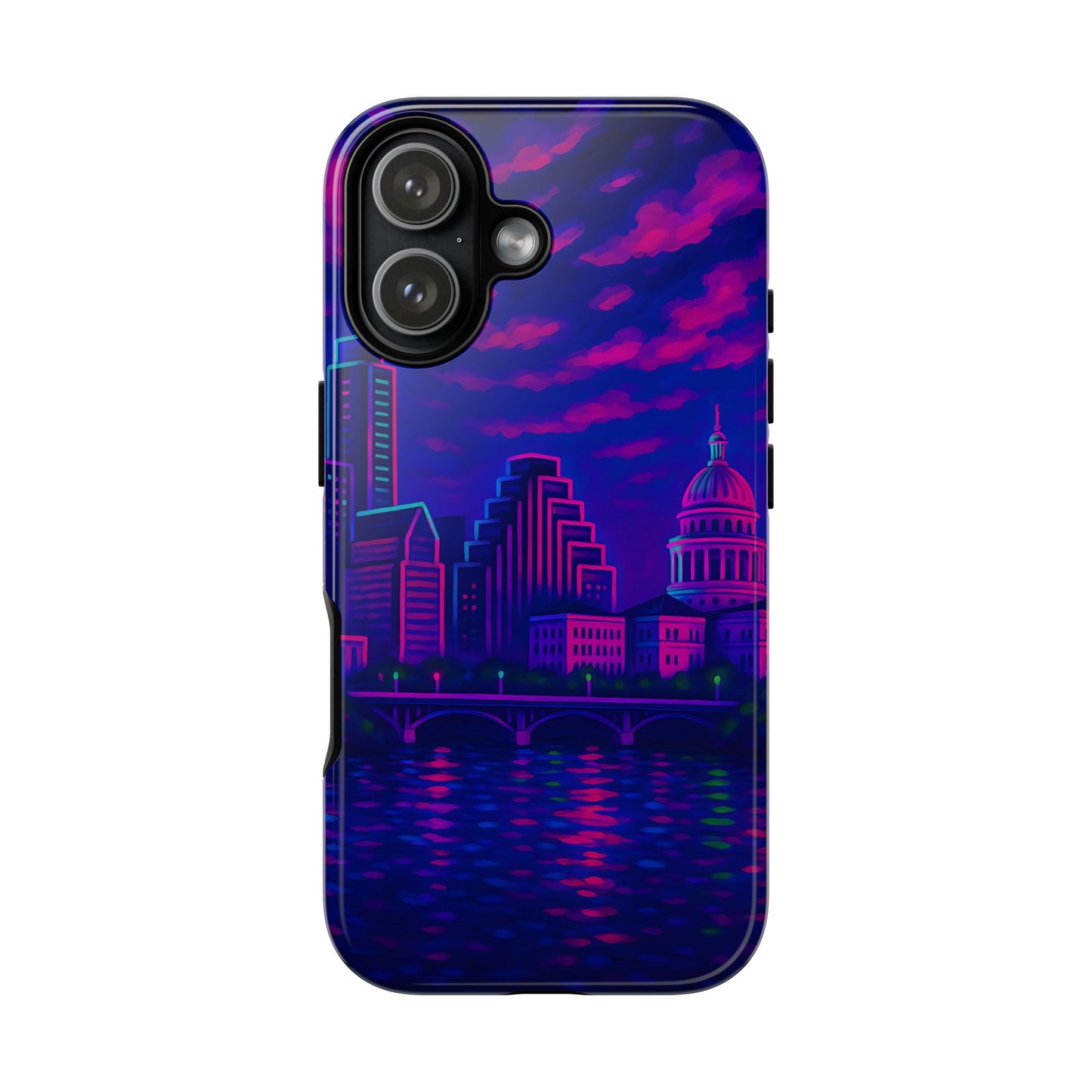 Cityscape Tough Phone Case, Austin Texas Skyline Phone Cover, Neon Night Design Compatible with iPhone, Galaxy & Google