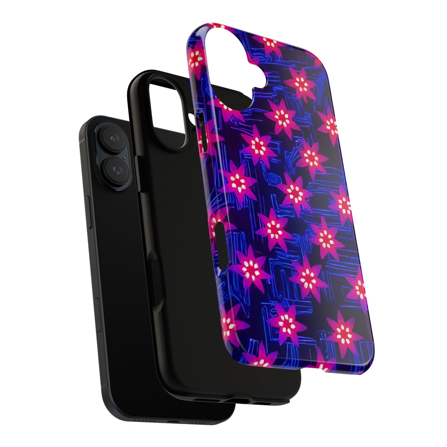 Neon Flower Tough Phone Case - Trippy Dark Floral Art, Electric Glow Aesthetic, Compatible with iPhone, Galaxy, and Google Phones
