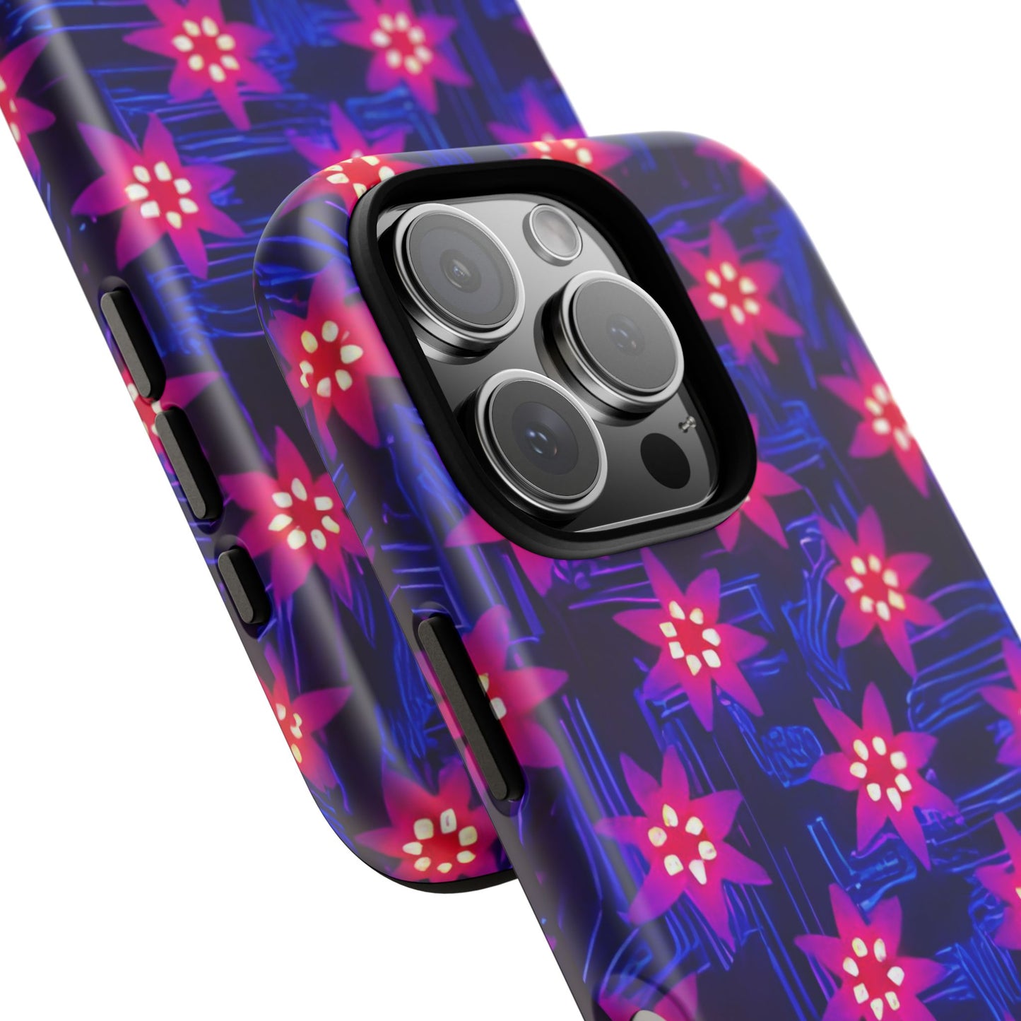 Neon Flower Tough Phone Case - Trippy Dark Floral Art, Electric Glow Aesthetic, Compatible with iPhone, Galaxy, and Google Phones
