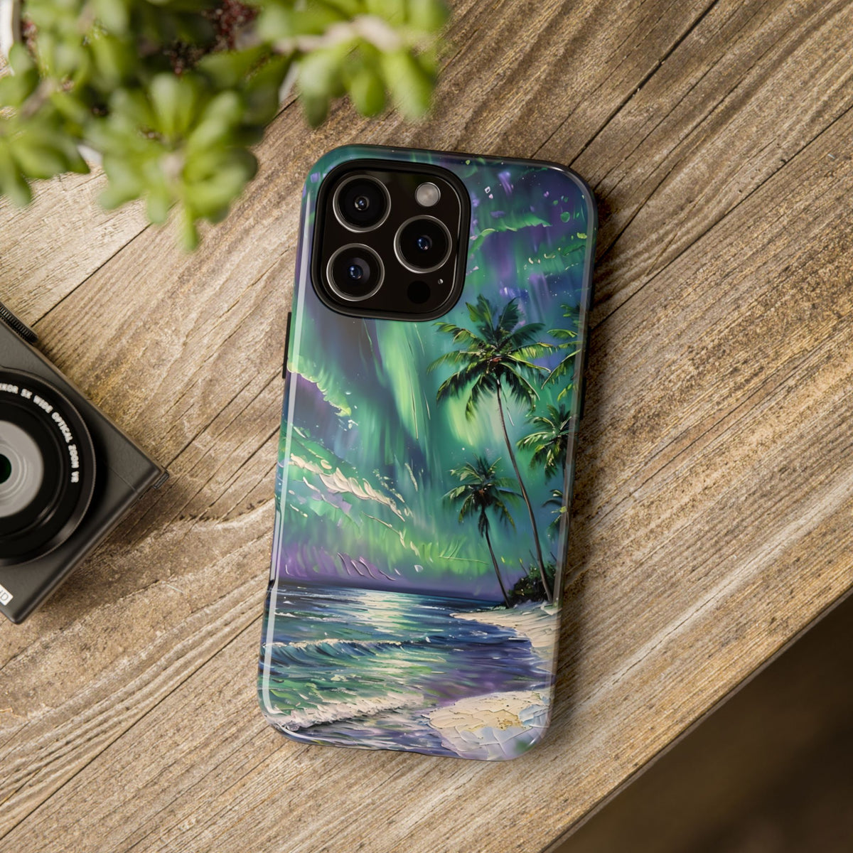 Tropical Beach Scenery Tough Phone Case, Oil Painting, Northern Lights Compatible with iPhone 17, 16, 15, 14, 13, Galaxy, Google