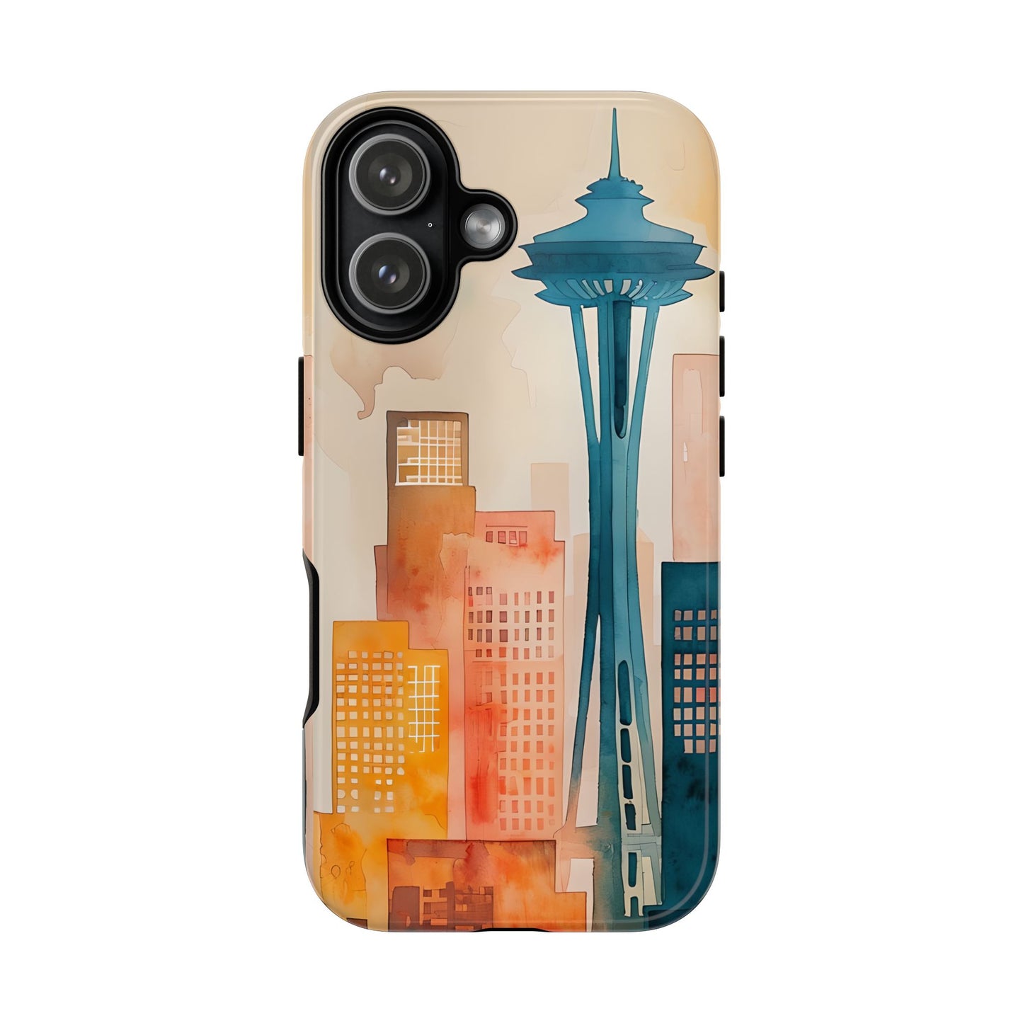 Cityscape Tough Phone Case, Seattle Skyline Phone Cover, Watercolor Art Design, Compatible with iPhone, Galaxy & Google