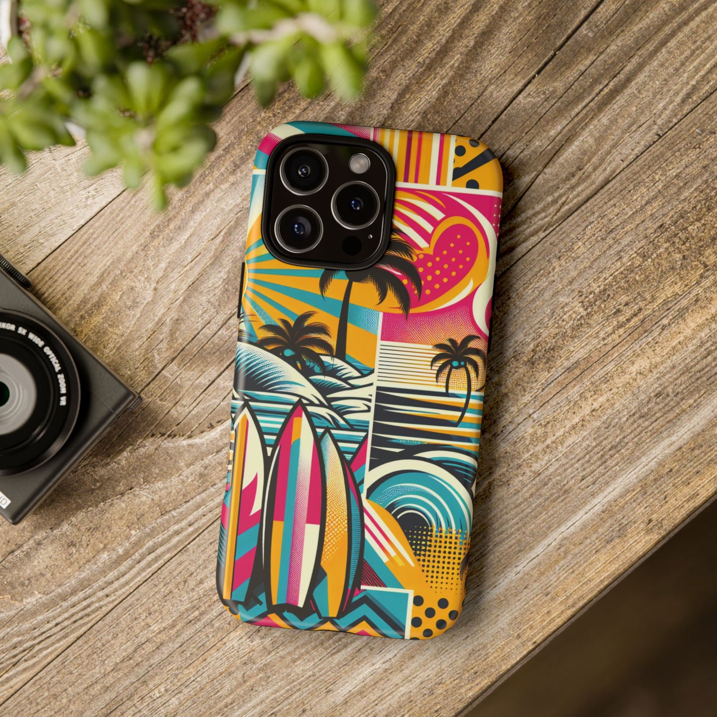 Surf Pop Phone Case - Colorful Retro Beach Vibe with Palm Trees and Surfboard compatible with iPhone, Samsung Galaxy and Pixel Summer Cover