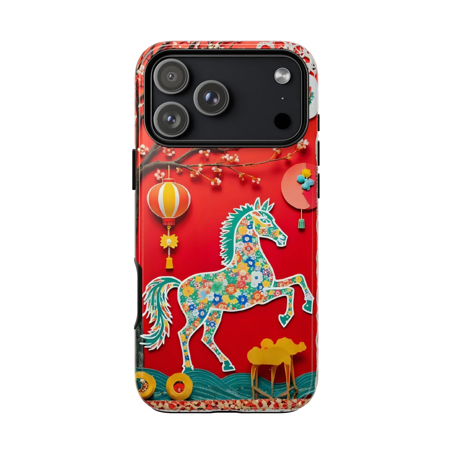 Year of the Horse Floral Art Tough Phone Case, Chinese Zodiac 2026 Design, compatible with iPhone 17 16 15 14 13 Galaxy Google