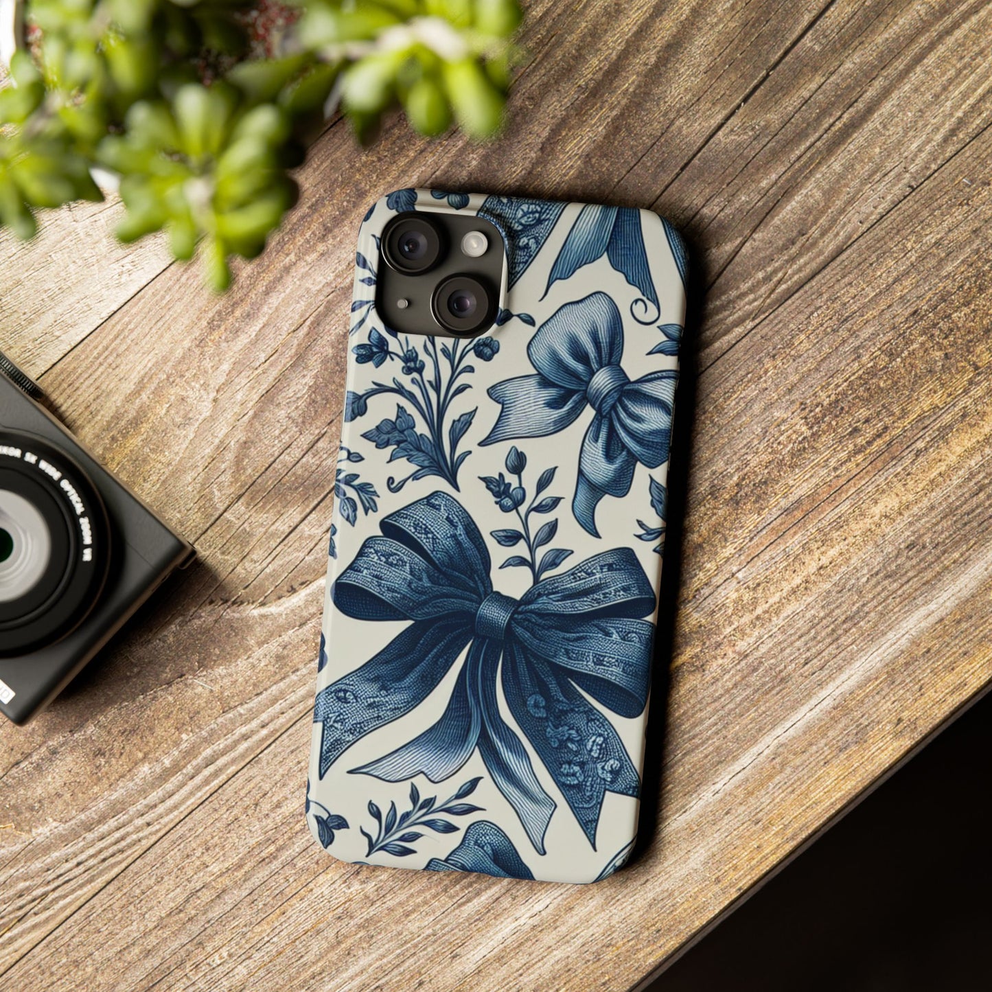 Elegant Floral Bow Slim Phone Case, Blue Flower Phone Cover, Gift for Her, Stylish Tech Accessory, Wedding Gift, Floral Design