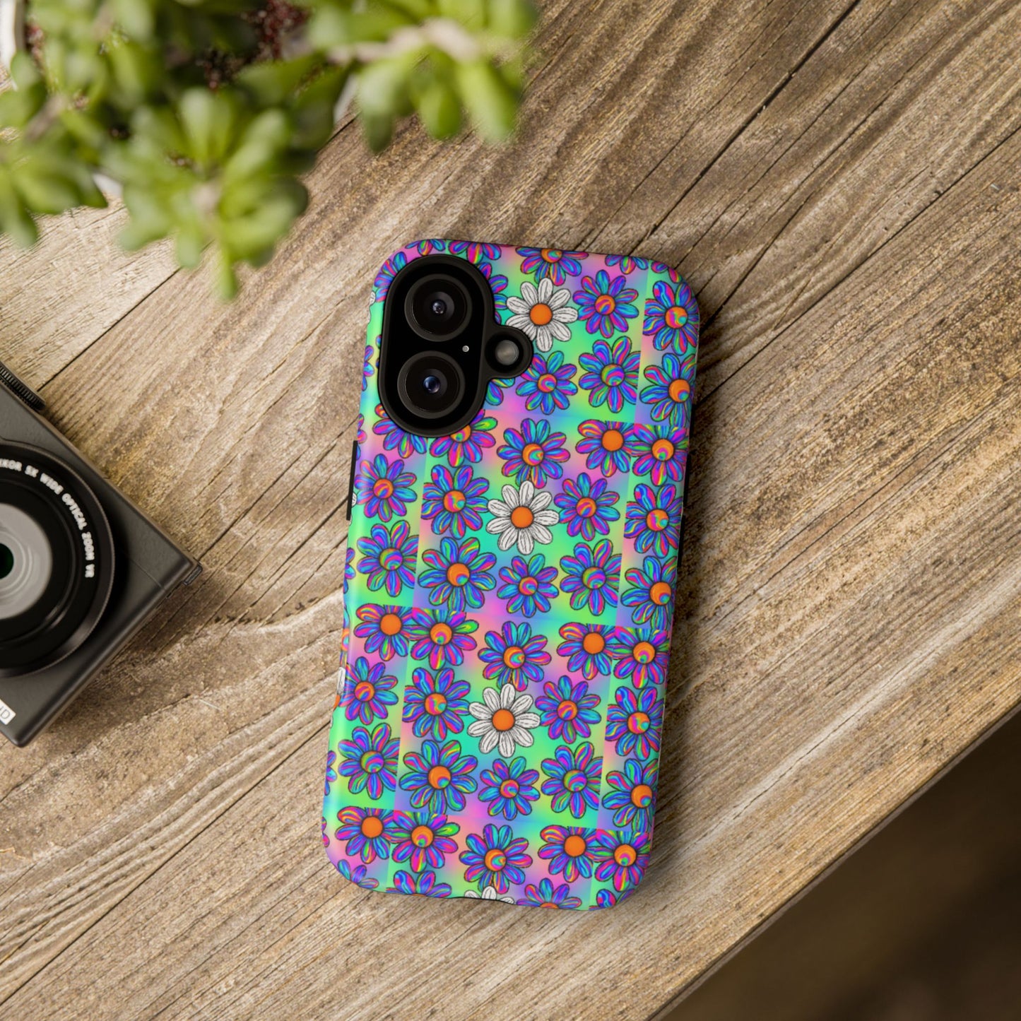 Trippy Daisy Tough Phone Case - Psychedelic Floral Aesthetic, Colorful Groovy Design, Compatible with iPhone, Galaxy, and Google Phones