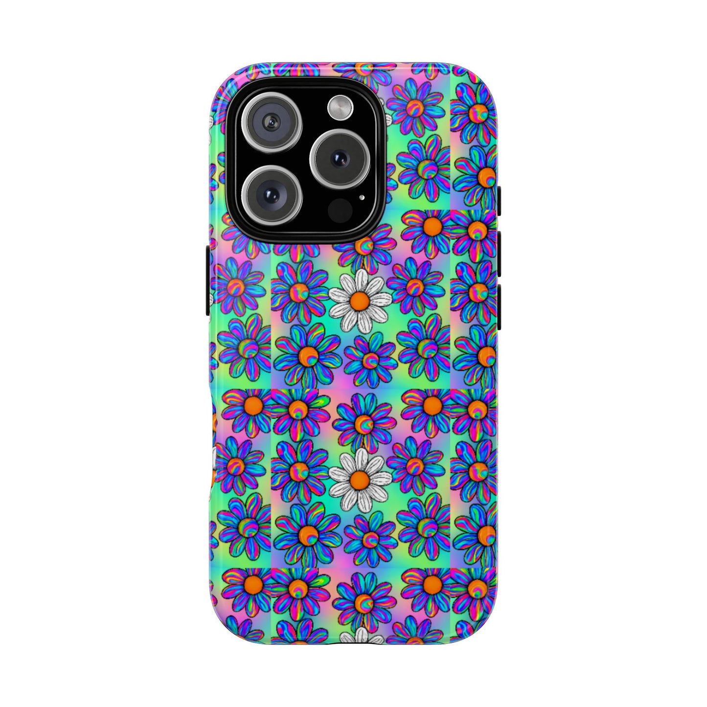 Trippy Daisy Tough Phone Case - Psychedelic Floral Aesthetic, Colorful Groovy Design, Compatible with iPhone, Galaxy, and Google Phones