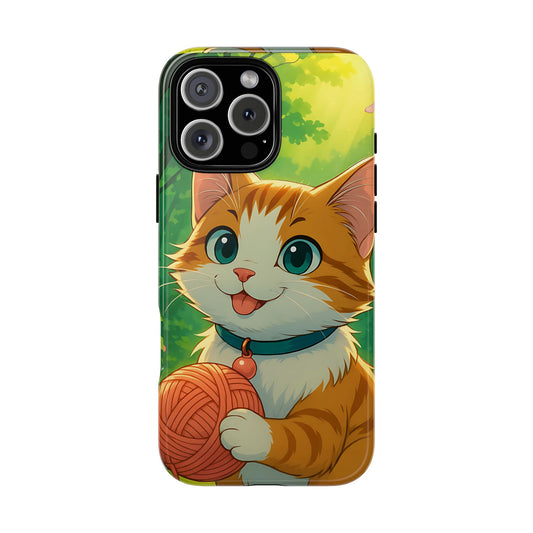 Playful Anime Cat Tough Phone Case - Kawaii Kitten with Yarn Ball, Cute Cottagecore Aesthetic, Compatible with iPhone, Galaxy, and Google