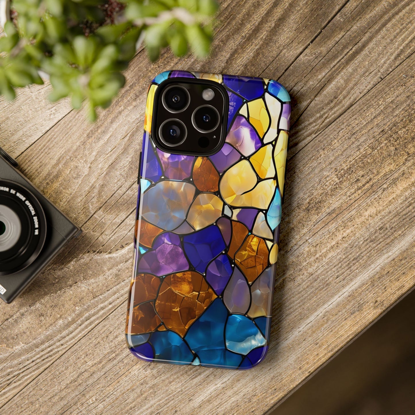 Boho Stained Glass Phone Case iPhone 16 15 14 13 12 11 X 8 7 Samsung Galaxy Pixel Models, Blue and Gold Mosaic Aesthetic Protective Cover