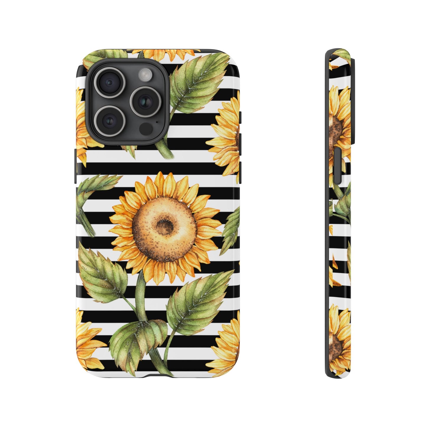 Sunflower Tough Phone Case - Bold Yellow Floral Art, Black and White Striped Aesthetic, Compatible with iPhone, Galaxy, and Google Phones