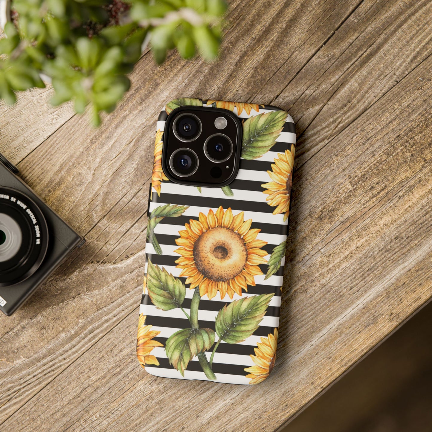 Sunflower Tough Phone Case - Bold Yellow Floral Art, Black and White Striped Aesthetic, Compatible with iPhone, Galaxy, and Google Phones