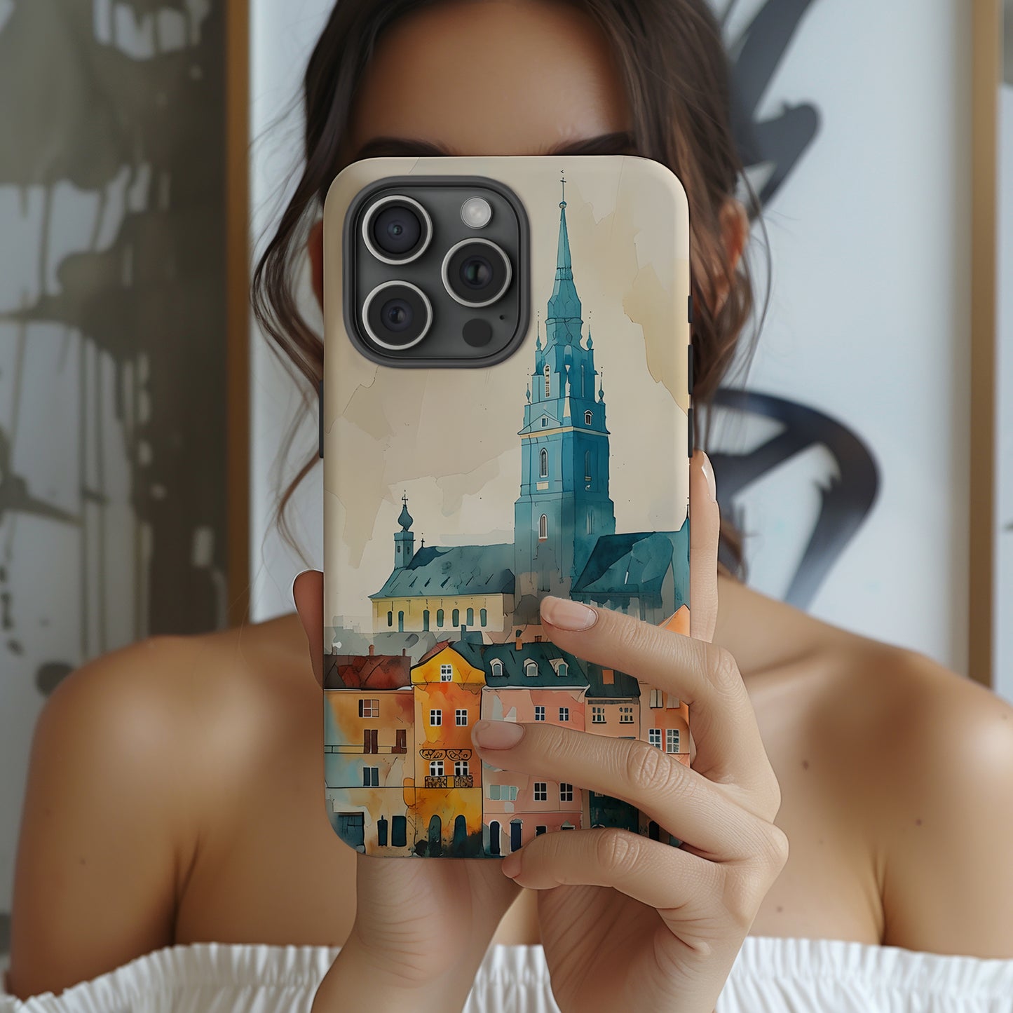 Cityscape Tough Phone Case, Riga Latvia Skyline Art, Watercolor Day Design Compatible with iPhone, Galaxy, and Google