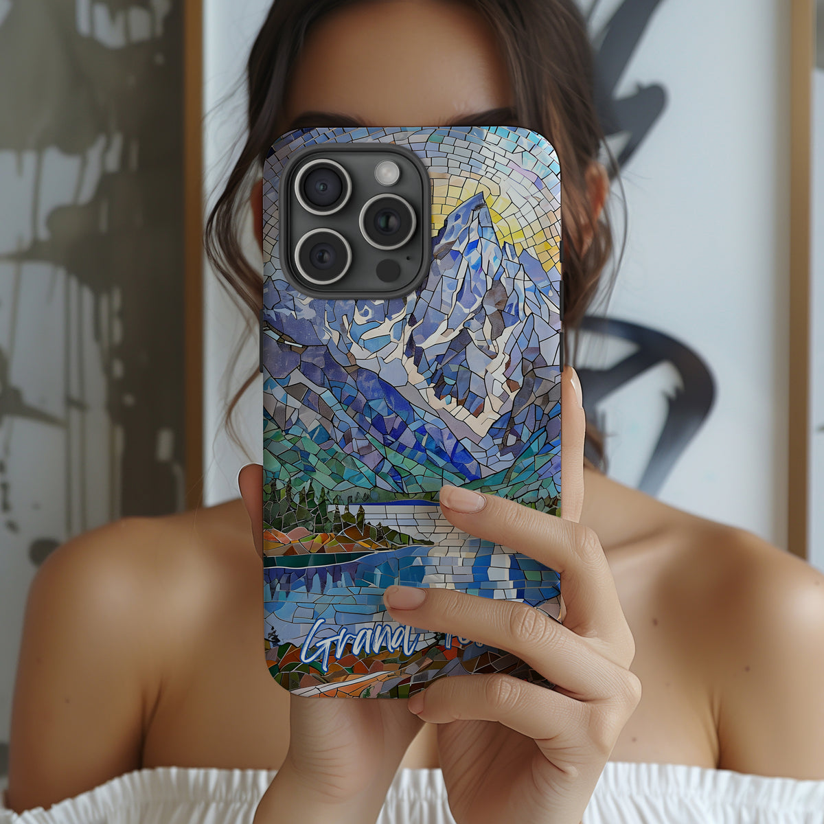 Grand Teton National Park Tough Case, Mosaic Mountain Lake Phone Case, Scenic Wilderness Cover Compatible with iPhone, Galaxy, and Google
