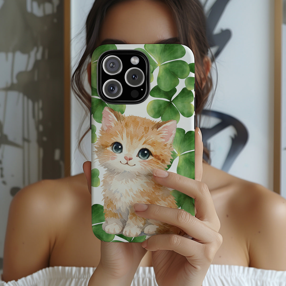 Ginger Kitten Tough Phone Case, St Patricks Day Cat Art with Shamrocks, Cute Irish Cat Gift Compatible with iPhone Galaxy Google