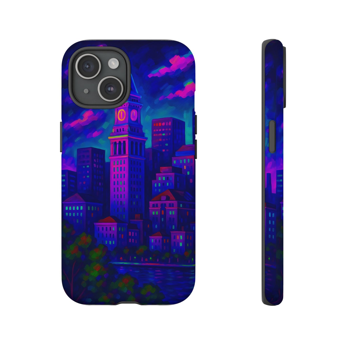 Boston Cityscape Tough Phone Case, Neon Night Skyline, Sunset Tower View Watercolor Urban Art, Compatible with iPhone, Galaxy, Google Phones