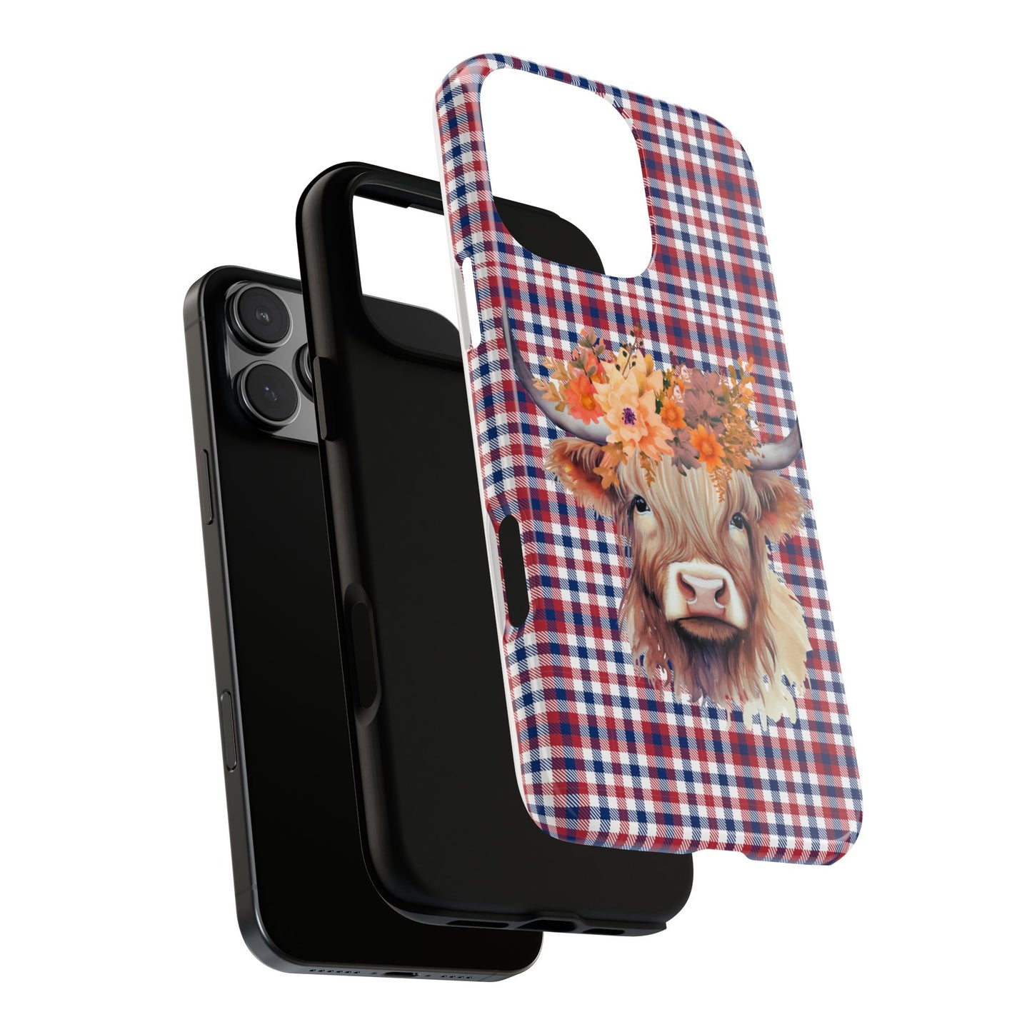 Floral Highland Cow Phone Case, Red White Blue Plaid | Rustic Western Boho Farmhouse | iPhone, Google, Galaxy Compatible