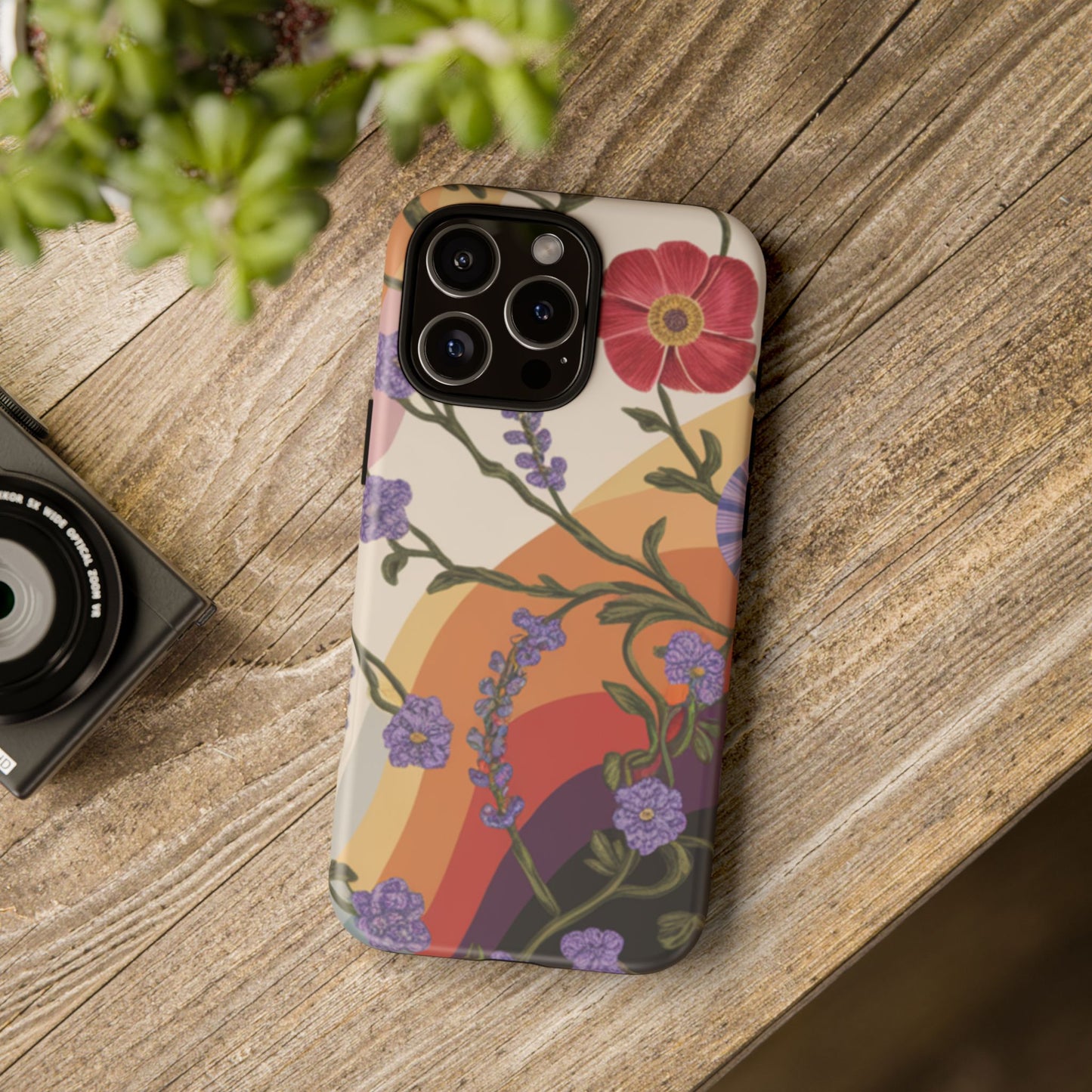 Retro Floral Rainbow Design Tough Phone Case - Compatible with iPhone 16, 15, 14, 13, 12, 11, X, Xr, Xs Pro Max Plus X Samsung Google Pixel
